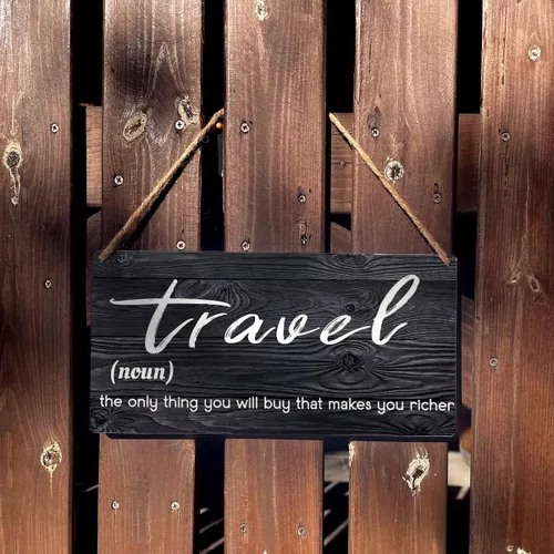 Vista 3 de Letrero de viaje de madera con texto en inglés "Travel the Only Thing You Will Buy", rústico, retro, decoración de pared para decoración del hogar