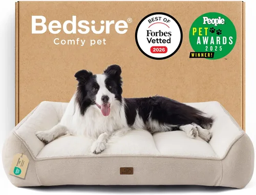 Vista 21 de Bedsure Cama ortopédica para perros de tamaño mediano, camas extra gruesas de apoyo para perros medianos con funda impermeable lavable, cómodo sofá