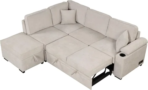 Vista 8 de Sofá cama modular con almacenamiento otomano, sofá cama extraíble con carga USB y portavasos, en forma de L, cómodos sofás para sala de estar, sofá
