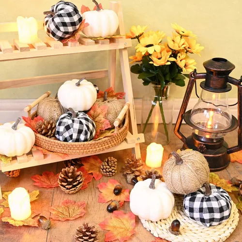 Vista 6 de ZORRITA 12 piezas de decoración de calabaza de otoño para el hogar, mini calabazas artificiales, pequeñas calabazas de cosecha para Halloween