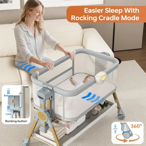 Vista 3 de Moisés 3 en 1 para bebé, cuna mecedora para bebé con ruedas, luz nocturna musical, cesta de almacenamiento, colchón, altura ajustable, cama mecedora