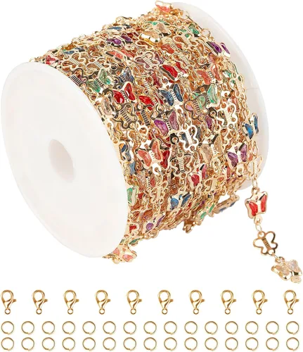 Vista 8 de Cadenas chapadas en oro de 16.4 pies para hacer joyas, cadena de diamantes de imitación de colores mixtos, pulseras, collar, cadena de tobillera, a