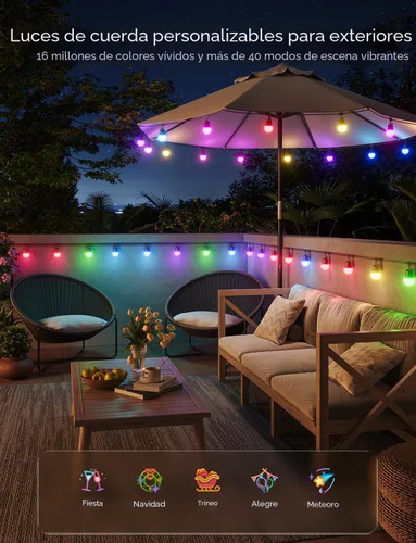 Vista 4 de Govee - Tira de luces inteligentes para exteriores 2, luces de 48 pies para exterior con bombillas LED regulables de color blanco cálido, 47 modos
