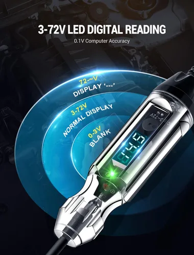 Vista 3 de Luz de prueba automotriz mejorada de 3-72 V, probador de circuito LED digital resistente con voltímetro y polaridad de doble color indica luz