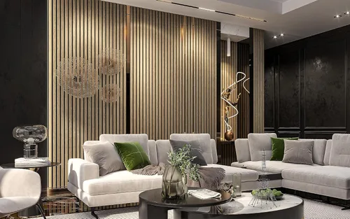 Vista 4 de Paquete de 2 paneles acústicos de pared de madera de 94 x 12.6 pulgadas, listones 3D insonorizados para paredes y techos, elegantes paneles Nogal