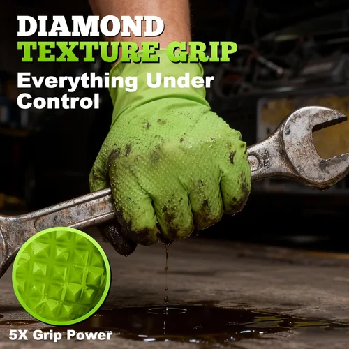 Vista 3 de TitanFlex Heavy Duty Industrial Nitrile Gloves with Raised Diamond Texture, 8-mil, Latex Free (Green/Dark Green/Yellow)