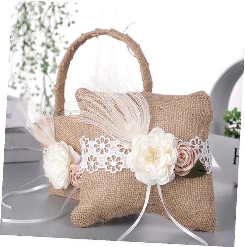 Vista 4 de Juego de cesta de boda anillo almohada niña cesta anillo almohada para dama de honor