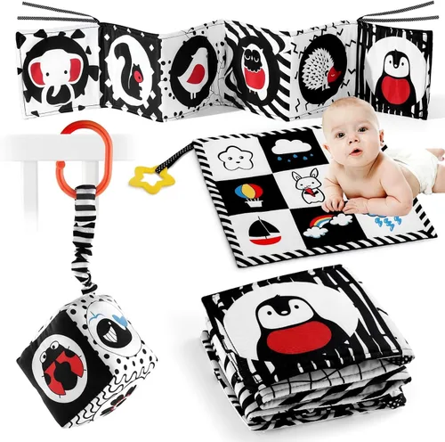 SAMMAS 3 piezas de juguetes para bebés en blanco y negro de alto contraste de 0 a 6 meses para recién nacidos, libro blando sensorial para bebés
