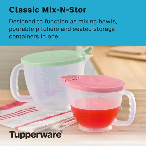 Vista 2 de Set de jarras Tupperware Classic Mix-N-Store en verde menta y rosa caramelo, apto para lavavajillas y sin BPA (2 tazones, 2 tapas)