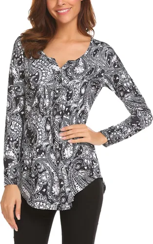 Vista 3 de Blusa de manga larga con estampado floral Henley cuello en V, plisada, casual, acampanada, para mujer