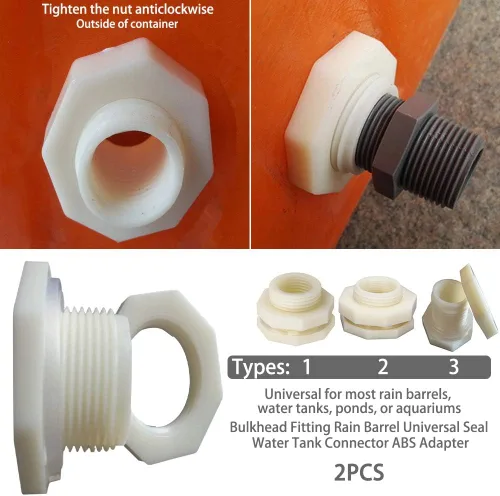 Vista 5 de 2 piezas de montaje de mamparo de PVC sin enchufes, adaptador de mamparo roscado, conector de tanque de agua para barriles de lluvia, acuarios