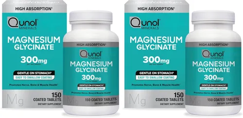 Qunol Glicinato de magnesio 300 mg, suplemento de magnesio quelatado 100% glicinato, tabletas de 150 ct, (paquete de 2)