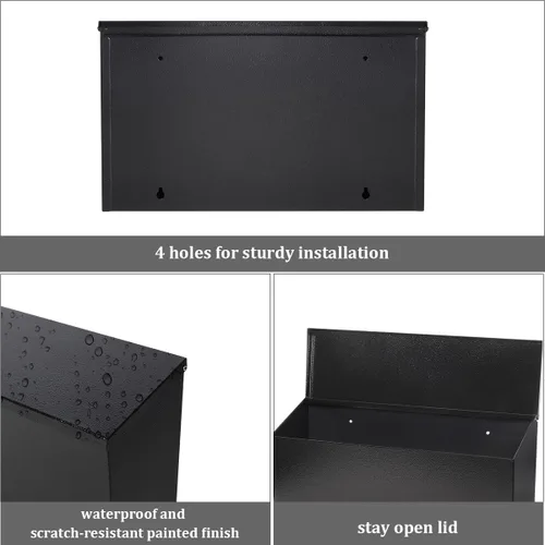 Vista 4 de Decaller Buzón de Pared para Montar, Buzón de Correo con Gran Capacidad, Buzón Postal de Metal a Prueba de Óxido para Exterior, Negro