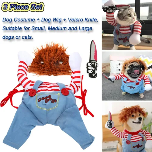 Vista 3 de Disfraz de muñeca mortal para mascotas, divertido traje de Halloween para perro, ropa linda para perros pequeños a grandes, gatos y cachorros, ropa