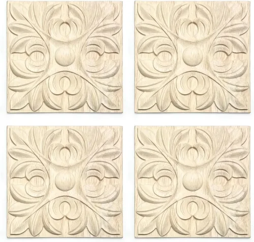 Vista 9 de 10 piezas decorativas de madera tallada con flores onlays, 2.4 x 2.4 pulgadas sin pintar, calcomanía cuadrada de madera maciza sin pintar