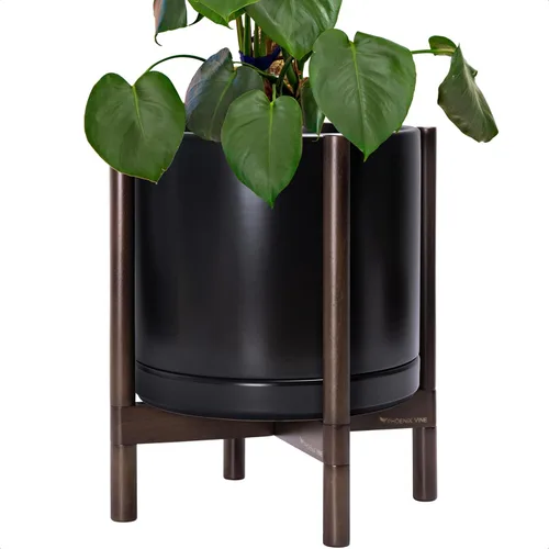 Vista 67 de D'vine Dev Maceta de cerámica con soporte de ébano – Maceta redonda moderna de 8 pulgadas con soporte para maceta de madera, color negro, 55-B-M-2