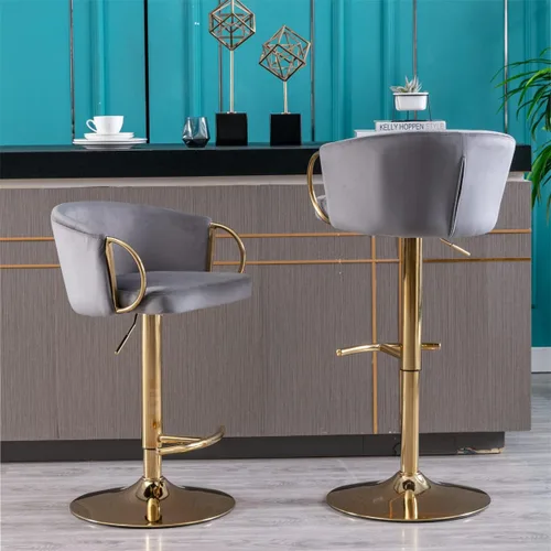 Vista 6 de Juego de 2 taburetes de bar, sillas de bar giratorias de terciopelo con reposapiés y base cromados, taburete de bar de elevación mecánica ajustable