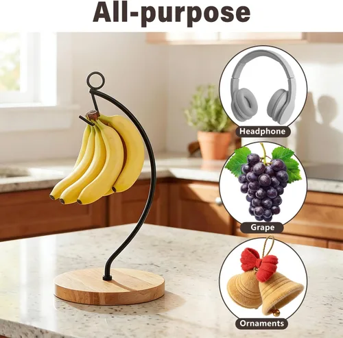 Vista 5 de Organizador de plátanos moderno con base de madera duradera, gancho de metal resistente para encimera de cocina del hogar, diseño simple