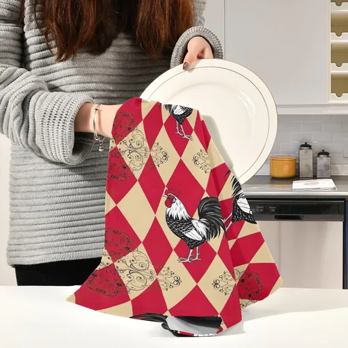 Vista 6 de GAIREG Retro Rooster Red Checkered Dish Towels and Dishcloths Sets, 28x18 Inch Bulk Kitchen Towels Holiday, Set of 4