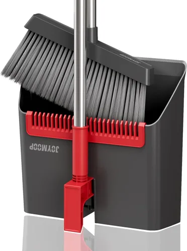 Vista 10 de JOYMOOP Juego de escoba y recogedor blanco, diseño angular vertical con dientes de peine incorporados para cocina, oficina, pelo de mascotas, suelos