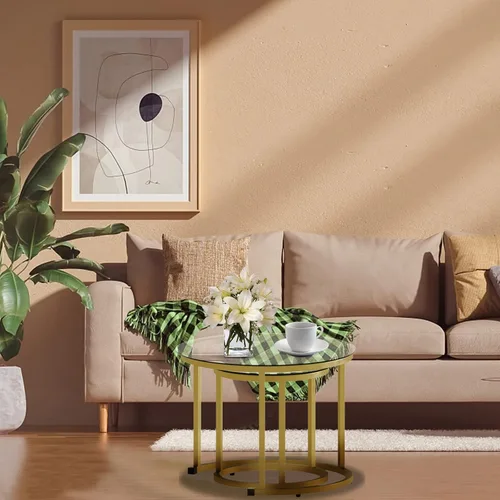 Vista 7 de aboxoo Juego de 2 mesas de centro anidables doradas, pequeñas mesas redondas de vidrio para sala de estar, dormitorio, mesa de té decorativa