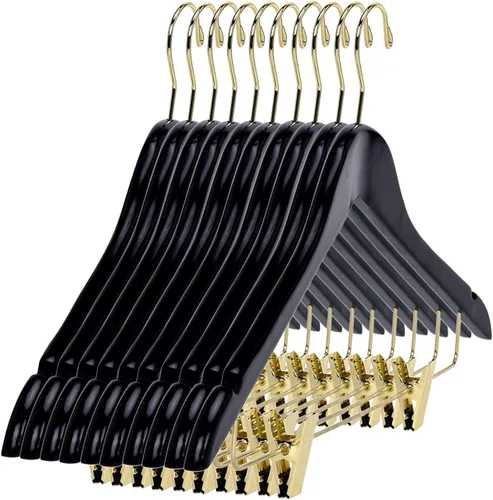 Vista 8 de Perchas de madera de calidad para faldas con clips, paquete de 10 perchas lisas de madera maciza para pantalones con clips de metal ajustables