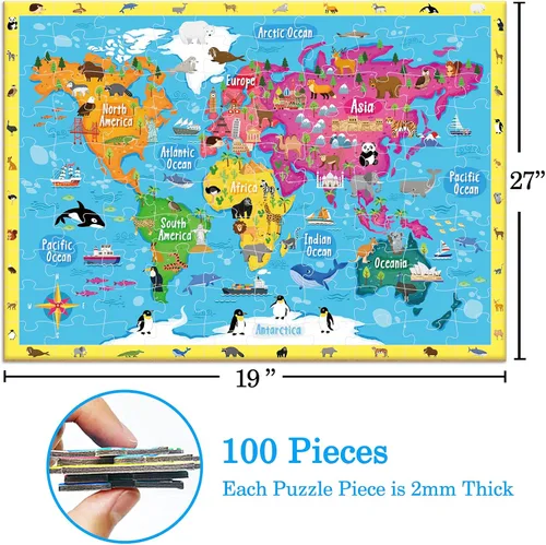 Vista 6 de Rompecabezas de 100 piezas para niños de 4 a 8 años, rompecabezas de mapa del mundo de animales, mapa del mundo para niños, aprender puntos