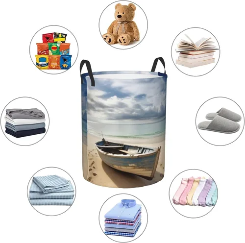 Vista 6 de Boat on the Beach print Circular Hamper Waterproof Storage Bin Organizer Basket Laundry Hamper With Handles For Clothes Toys Small