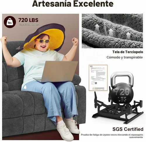 Vista 5 de Juego de sofá reclinable loveseat con 2+1 piezas, 2 plazas estilo minimalista reclinable manual con tirador, loveseat con puertos de carga USB