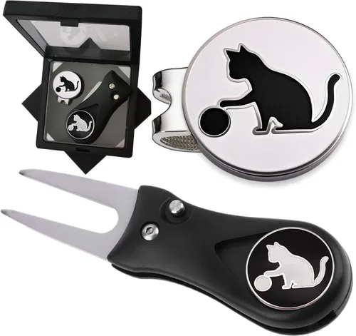 Adhere Marcadores de pelota de golf personalizados de doble cara con lindo logotipo de gato esmaltado con clips magnéticos para sombrero, un regalo