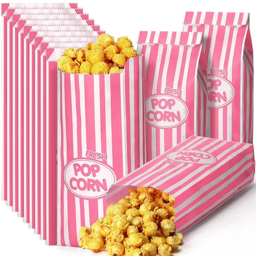 Vista 8 de Sherr 1000 bolsas de palomitas de maíz de 2 onzas a granel, rayas retro rosadas, bolsas de palomitas desechables para noches de cine, Navidad