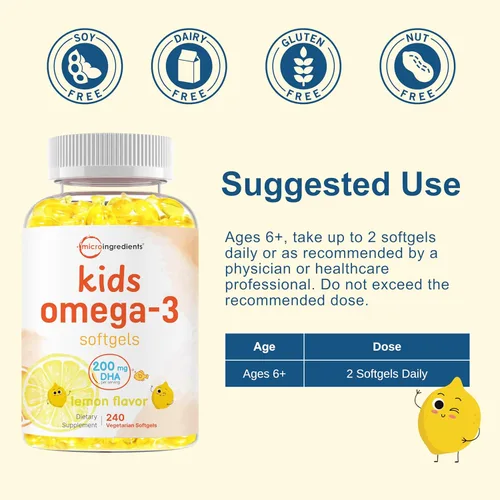 Vista 4 de Micro Ingredients Aceite de pescado Omega-3 para niños, 240 cápsulas blandas vegetarianas Omega 3 vegano con 200 mg de DHA Sabor a limón