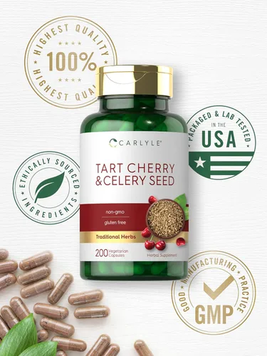 Vista 6 de Carlyle Suplemento de semillas de apio y cereza agria 200 cápsulas Vegetariano, sin OMG y sin gluten