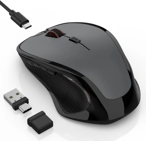 Vista 8 de Mouse inalámbrico Bluetooth para Mac Pro MacBook, mouse ergonómico recargable con modo Jiggler, 3 modos Bluetooth 5.2/3.0 y 2.4G USB-A/USB-C Negro