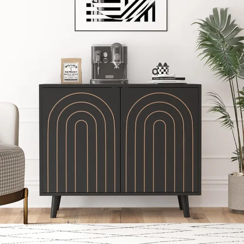 weselon Gabinete Accent con Líneas Talladas, Aparador Moderno para Buffet con Estantes Ajustables, Gabinetes de Almacenamiento Decorativos para