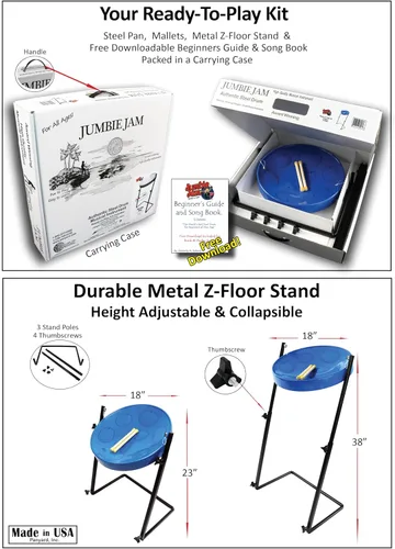 Vista 3 de Jumbie Jam - Kit de tambor de acero listo para usar, acabado azul con soporte de metal en Z