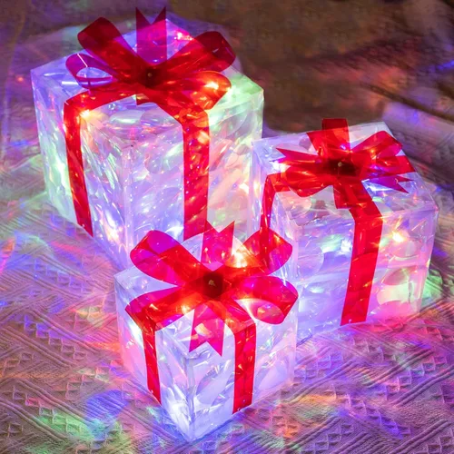 Hourleey - Juego de 3 cajas de regalo iluminadas de Navidad, 60 luces LED preiluminadas, cajas de regalo decorativas para árbol de Navidad, para