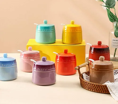 Vista 3 de Colorido tarro de especias de cerámica caja de condimentos olla de condimentos azucarero con tapa cuchara azul