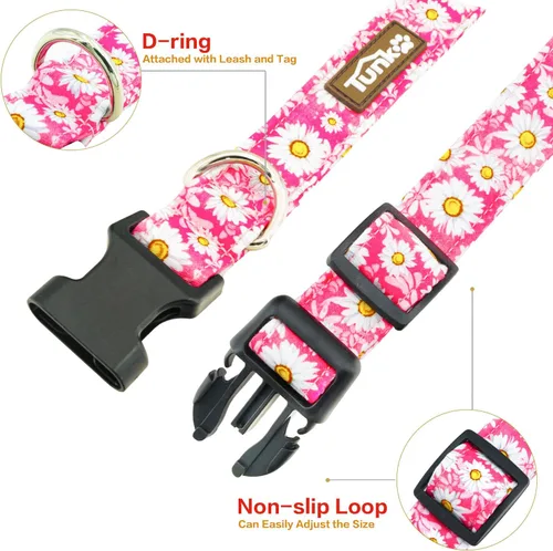 Vista 3 de Tunkoo Pink Daisy - Collar para perro, lindo collar ajustable de algodón de alta calidad, hebilla de plástico duradero para niños pequeños, medianos
