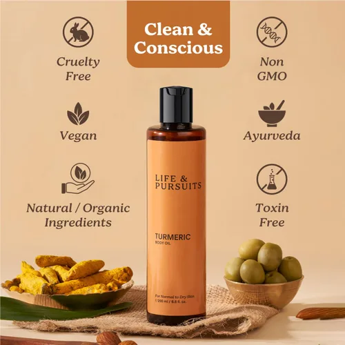 Vista 4 de Life & Pursuits Aceite corporal de cúrcuma – Aceite de masaje corporal natural ayurvédico con vitamina E, aceite de coco, almendra y escualano