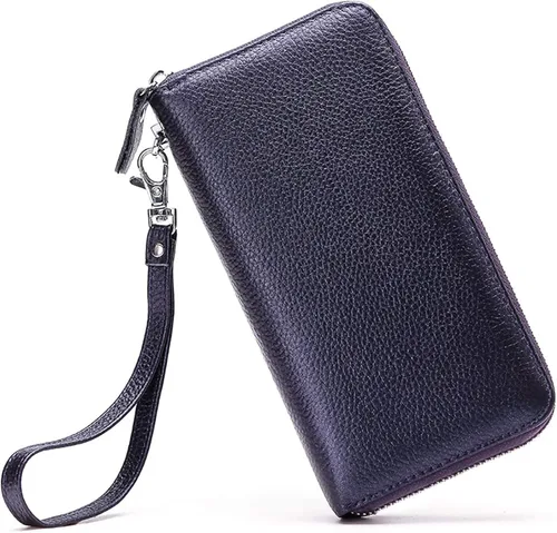 Moflycom Cartera para mujer con bloqueo RFID, de piel auténtica, con cremallera alrededor, cartera de mano, cartera de mano, cartera larga de viaje