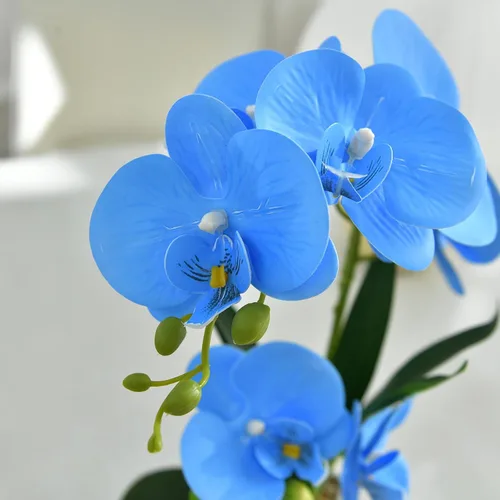 Vista 6 de Flores artificiales de orquídea de tacto real en maceta, flor falsa de Phalaenopsis con jarrón de cerámica blanca, arreglo de orquídeas sintéticas