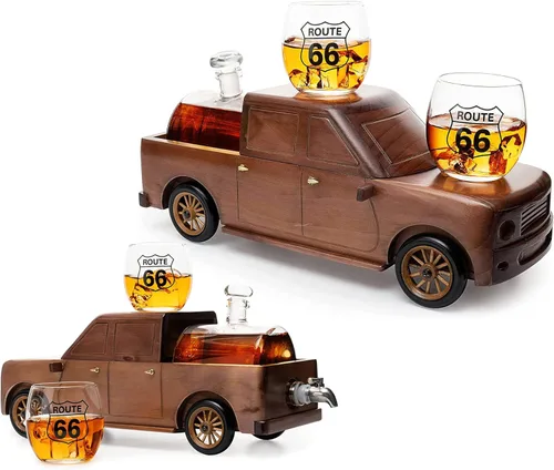 Set de decantador de vino y whisky en forma de camioneta de recogida con dos vasos Route 66 de 12 Oz y 350 ml - Regalos para él, papá, conductor,
