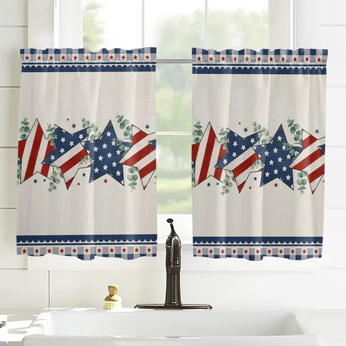 Vista 103 de Cenefa de cocina para ventanas, Día de la Independencia, pentagrama, textura de arpillera a cuadros, semitransparente, con bolsillo para barra