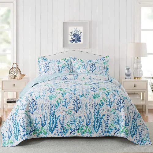 Vista 31 de NEWLAKE - Juego de cubrecama reversible de microfibra bordada con patrón floral en relieve en jacquard beige, tamaño queen