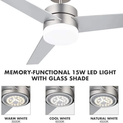 Vista 4 de VONLUCE Ventilador de techo moderno de 52 pulgadas con luces, ventiladores de techo de níquel cepillado contemporáneo, control remoto, ventilador