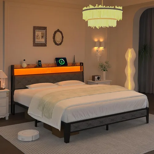 Winkalon Base de cama matrimonial con cabecera ergonómica, base de cama de plataforma con luces RGB, tomas de corriente y cargador, cama de montaje