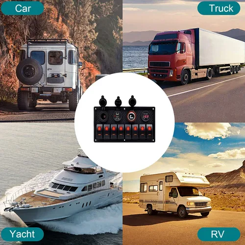 Vista 7 de KAOLALI Panel de interruptor basculante de 8 bandas, 12 V, 24 V, impermeable, con doble USB, encendedor de cigarrillos, voltímetro, LED azul