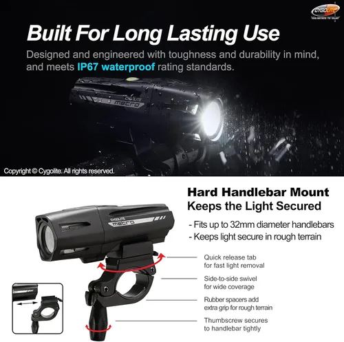 Vista 6 de Cygolite Metro Pro - Luz de bicicleta de 1,100 lúmenes, 9 modos de noche y día, compacta y duradera, impermeable IP67, montaje duro seguro, faro