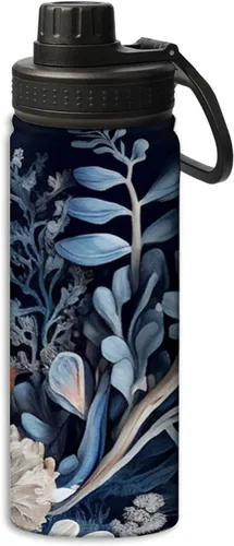Blue Coral and Shells - Botella de agua deportiva a prueba de fugas, 18 onzas, acero inoxidable duradero de doble pared, botellas de gimnasio, termo